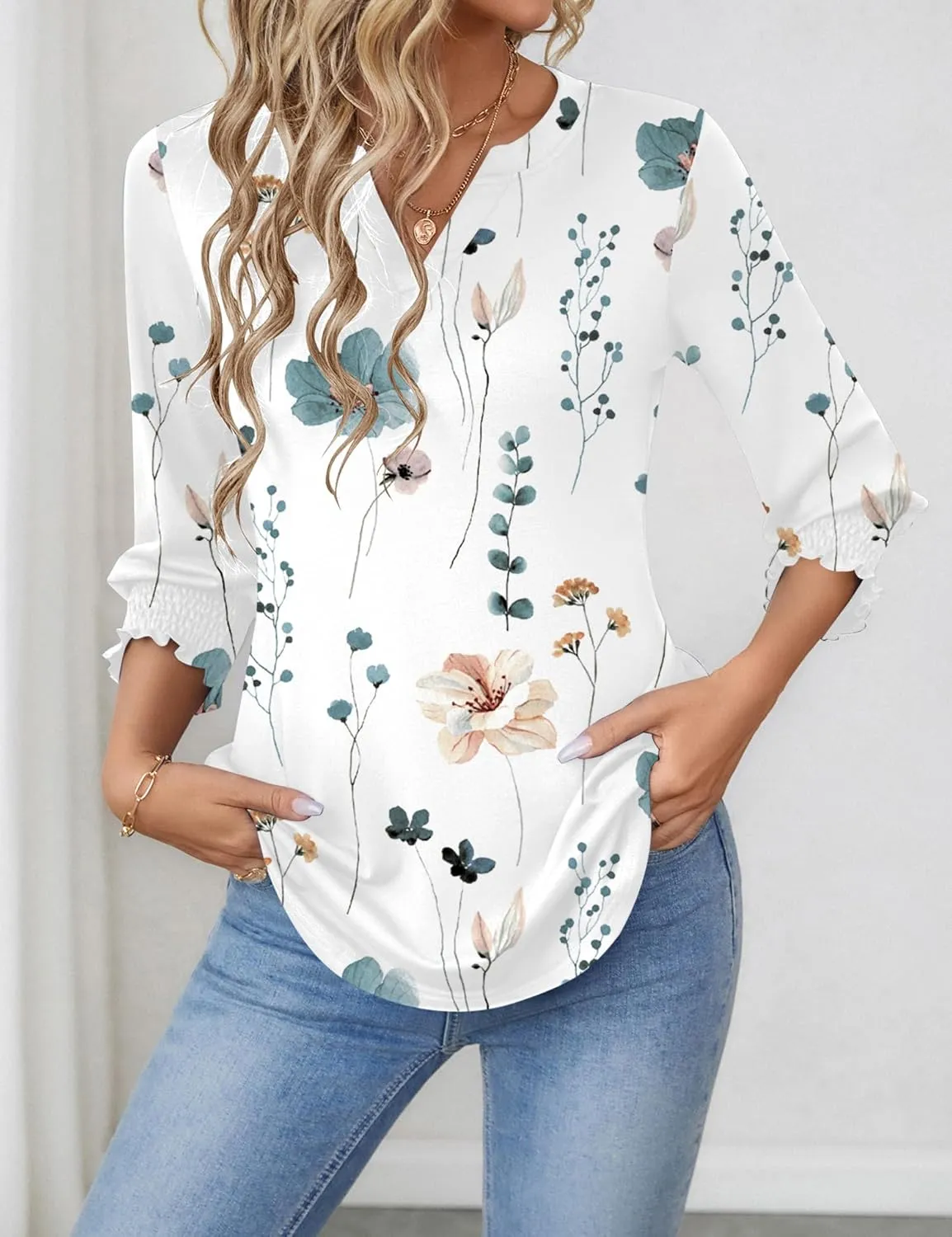 LOMON Women's 2025 Fashion Tops 3/4 Length Sleeve Business Casual Blouses Summer Tees Shirts