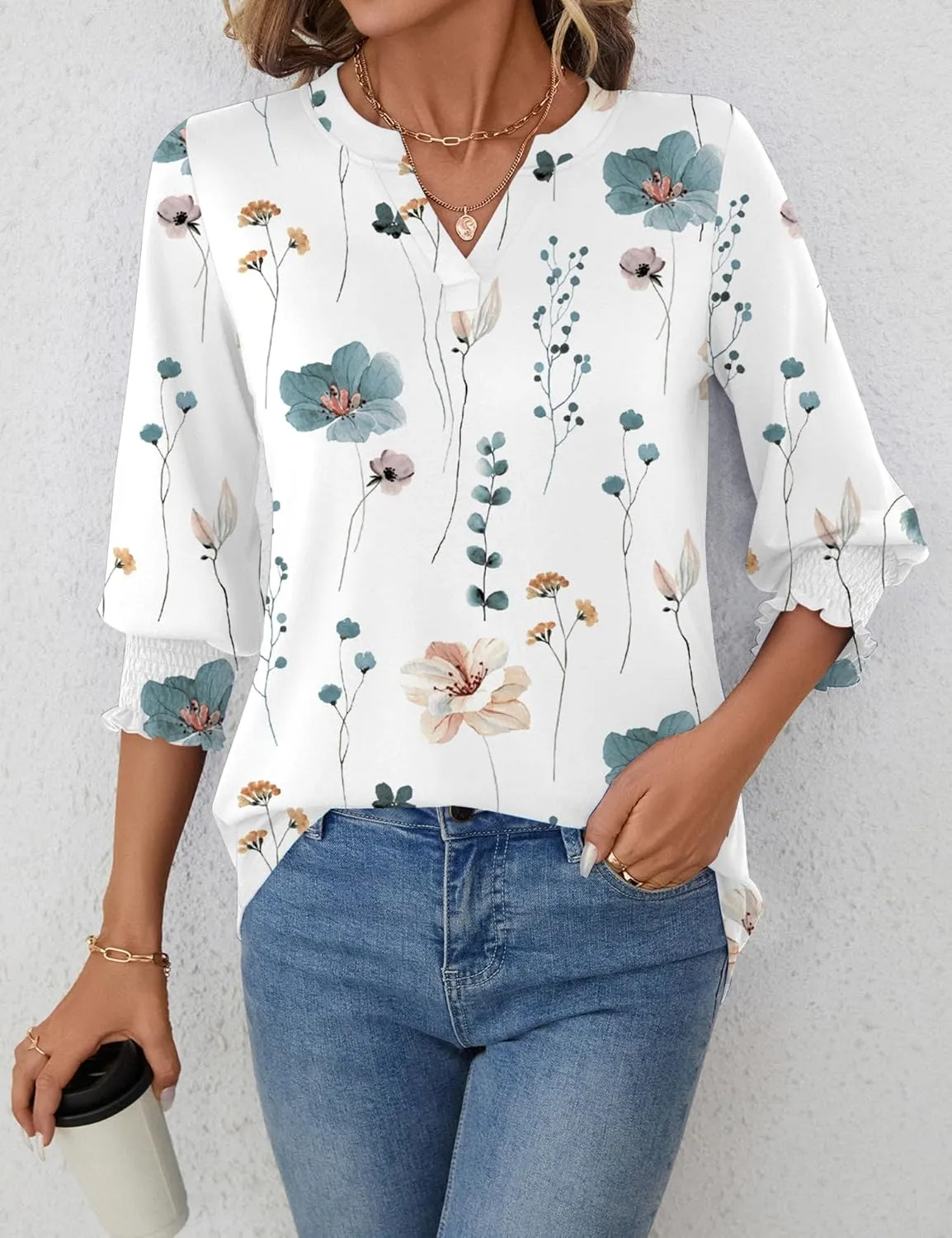 LOMON Women's 2025 Fashion Tops 3/4 Length Sleeve Business Casual Blouses Summer Tees Shirts