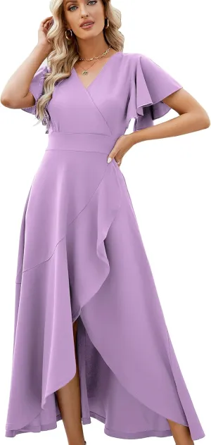 Long Black Formal Dresses for Women Gowns Evening Party Cocktail Dress,Split Elegant V Neck Wrap Ruffle Wedding Guest Dresses