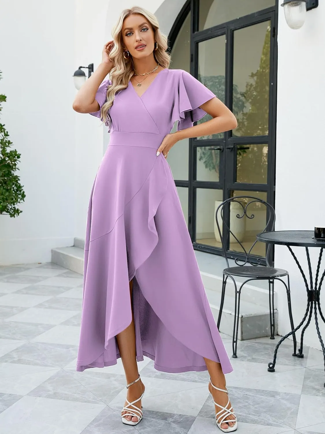 Long Black Formal Dresses for Women Gowns Evening Party Cocktail Dress,Split Elegant V Neck Wrap Ruffle Wedding Guest Dresses
