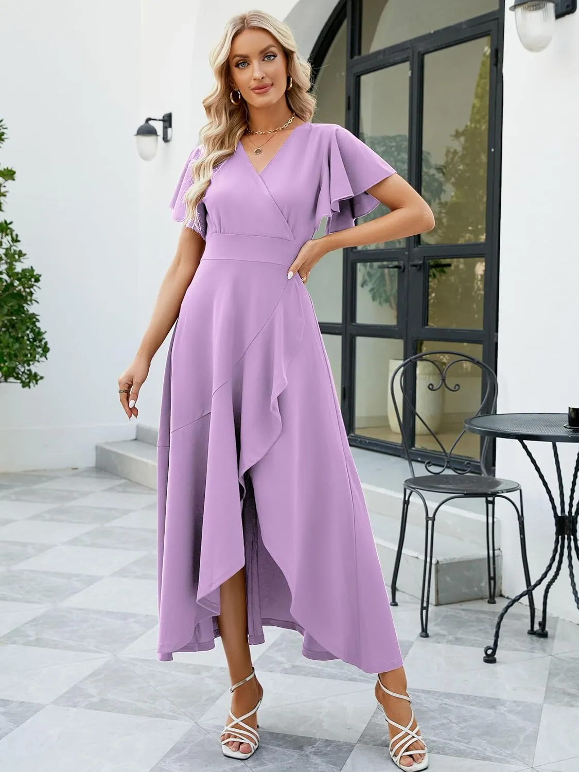 Long Black Formal Dresses for Women Gowns Evening Party Cocktail Dress,Split Elegant V Neck Wrap Ruffle Wedding Guest Dresses
