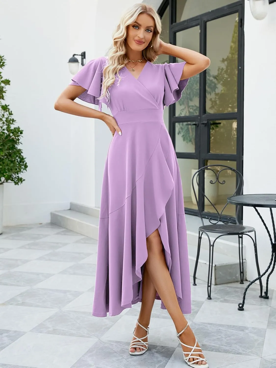 Long Black Formal Dresses for Women Gowns Evening Party Cocktail Dress,Split Elegant V Neck Wrap Ruffle Wedding Guest Dresses