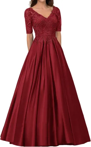 Long Formal Dresses Satin Mother of The Bride Dresses Lace Appliques Evening Dress V-Neck