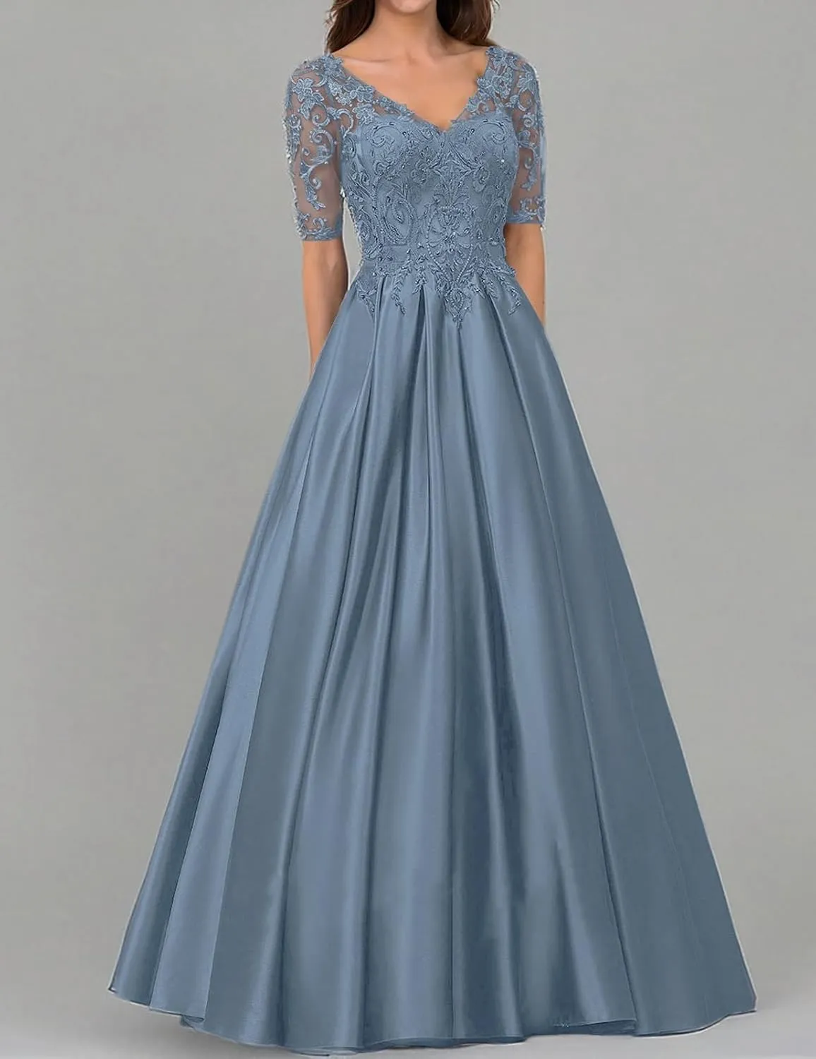 Long Formal Dresses Satin Mother of The Bride Dresses Lace Appliques Evening Dress V-Neck