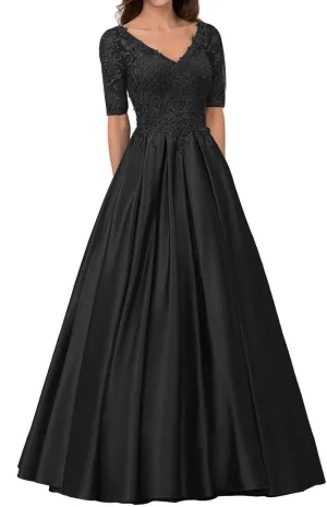 Long Formal Dresses Satin Mother of The Bride Dresses Lace Appliques Evening Dress V-Neck