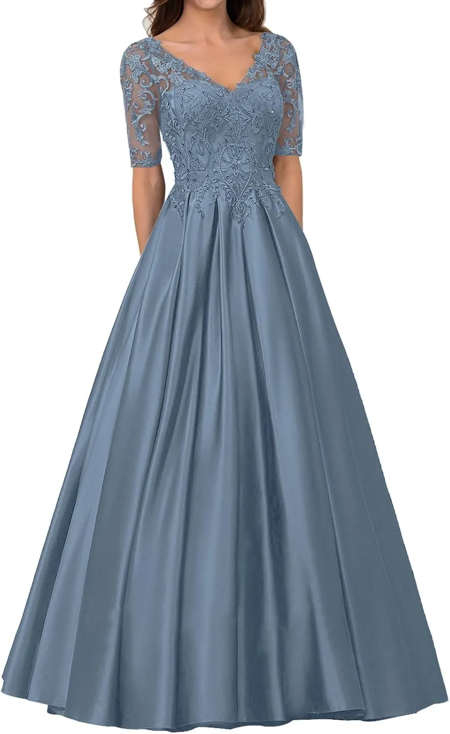 Long Formal Dresses Satin Mother of The Bride Dresses Lace Appliques Evening Dress V-Neck