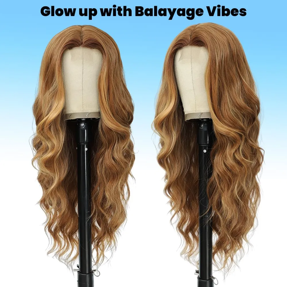 Long Mixed Brown Blonde Wig for Women Natural Looking Wavy Curly Synthetic Mixed Brown Blonde Hair Wig Tangle Free Heat Resistant Comfortable for Daily Wear