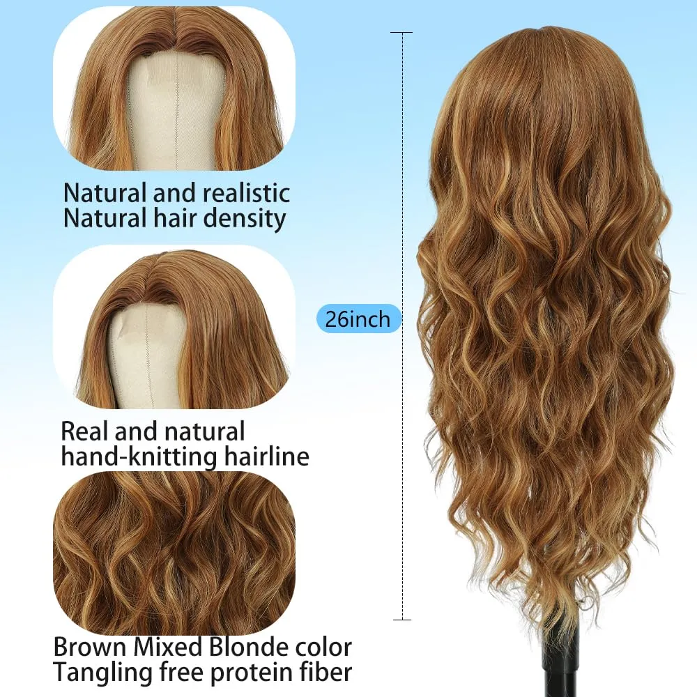 Long Mixed Brown Blonde Wig for Women Natural Looking Wavy Curly Synthetic Mixed Brown Blonde Hair Wig Tangle Free Heat Resistant Comfortable for Daily Wear