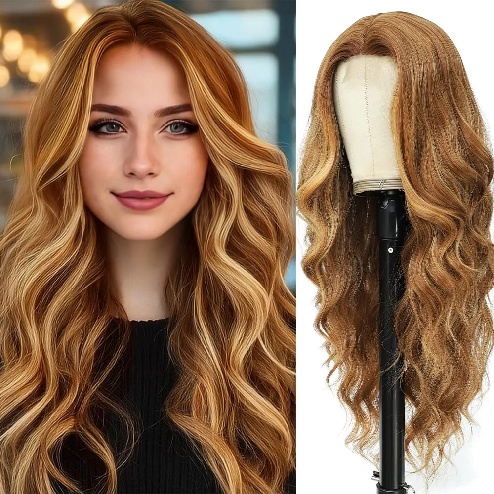Long Mixed Brown Blonde Wig for Women Natural Looking Wavy Curly Synthetic Mixed Brown Blonde Hair Wig Tangle Free Heat Resistant Comfortable for Daily Wear