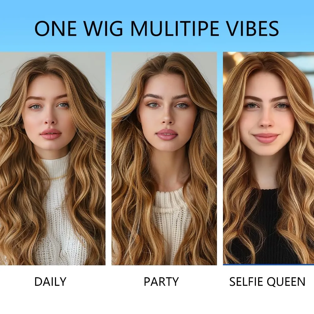Long Mixed Brown Blonde Wig for Women Natural Looking Wavy Curly Synthetic Mixed Brown Blonde Hair Wig Tangle Free Heat Resistant Comfortable for Daily Wear