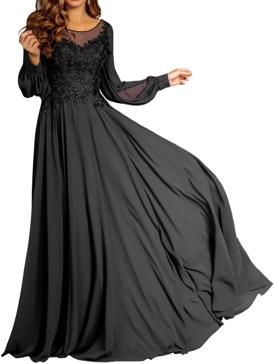 Long Mother of The Bride Dresses for Wedding Beach Chffion Long Sleeves Sparkly Lace Formal Dress for Women 2025
