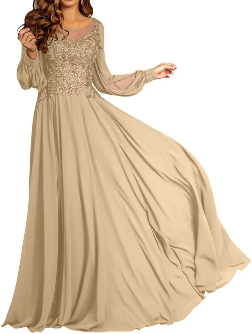 Long Mother of The Bride Dresses for Wedding Beach Chffion Long Sleeves Sparkly Lace Formal Dress for Women 2025