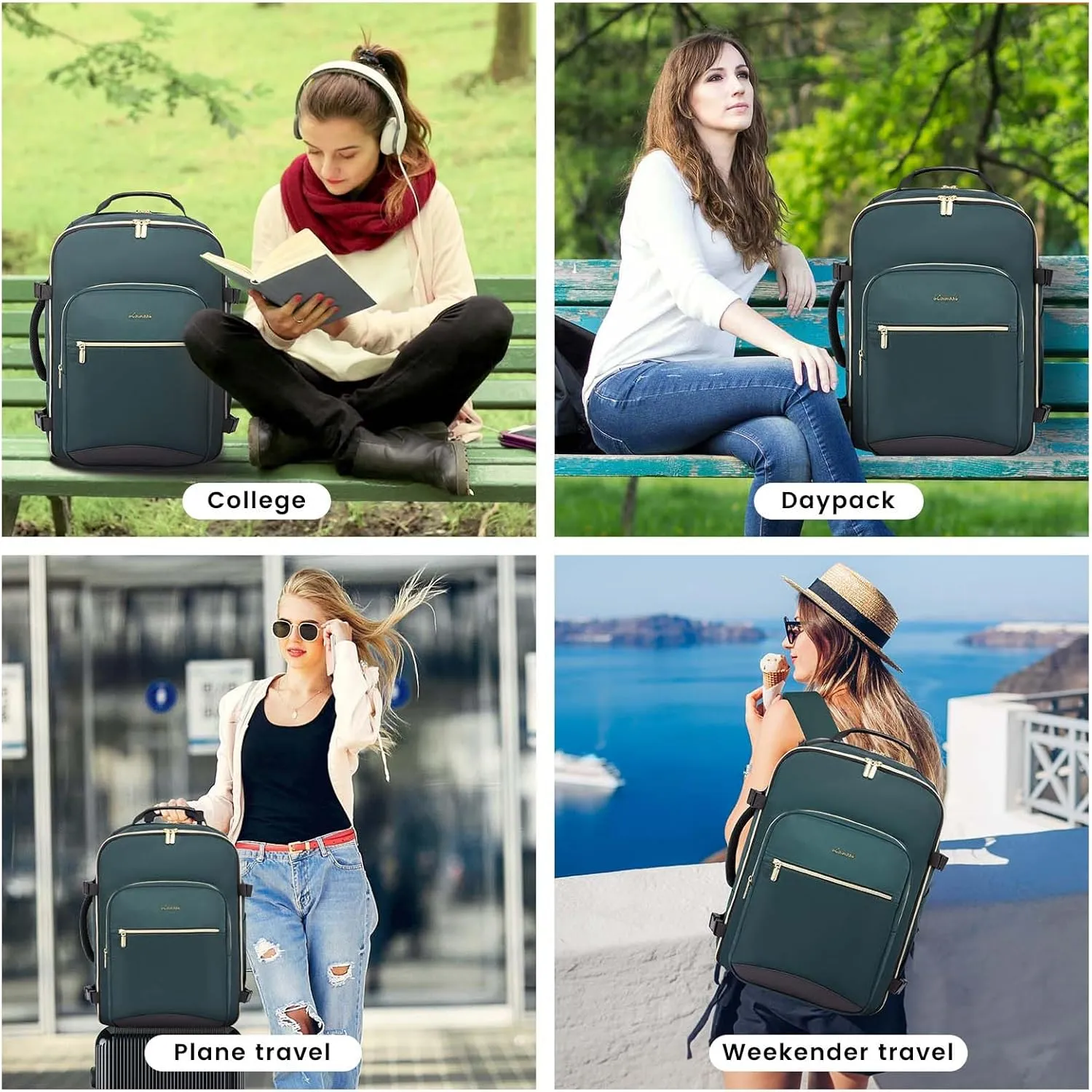 LOVEVOOK 40L Large Travel Backpack for Women Men, 17 Inch Carry on Backpack for Traveling on Airplane, Personal Item Travel Bag Airline Approved, Business Causal Weekender Backpack, Green-Black