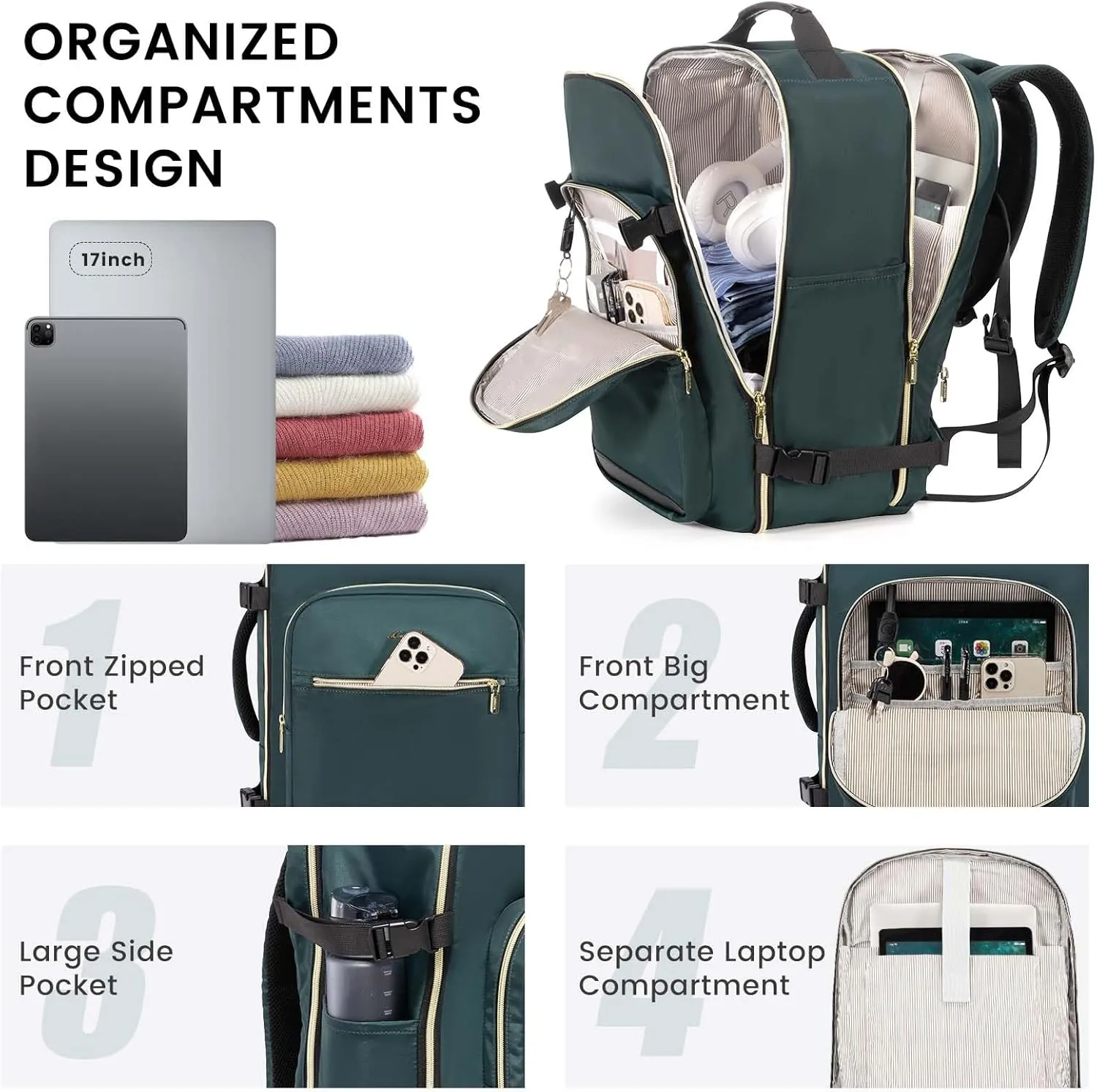 LOVEVOOK 40L Large Travel Backpack for Women Men, 17 Inch Carry on Backpack for Traveling on Airplane, Personal Item Travel Bag Airline Approved, Business Causal Weekender Backpack, Green-Black