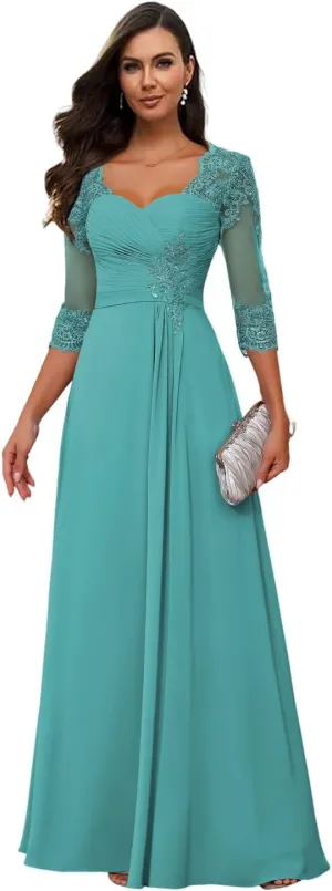 Loyeloy Women's Chiffon Mother of The Bride Dresses for Wedding with Sleeves 2025 Lace Applique Evening Gowns with Pockets