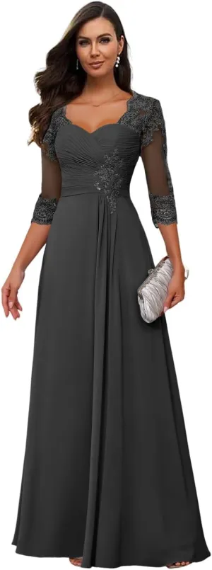 Loyeloy Women's Chiffon Mother of The Bride Dresses for Wedding with Sleeves 2025 Lace Applique Evening Gowns with Pockets