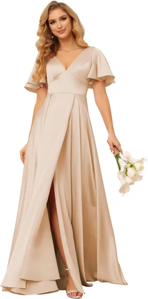 Loyeloy Women's V Neck Ruffle Sleeves Bridesmaid Dresses with Slit 2025 Satin A-Line Formal Evening Gowns