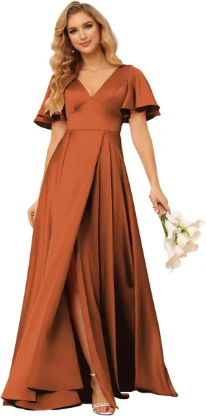 Loyeloy Women's V Neck Ruffle Sleeves Bridesmaid Dresses with Slit 2025 Satin A-Line Formal Evening Gowns