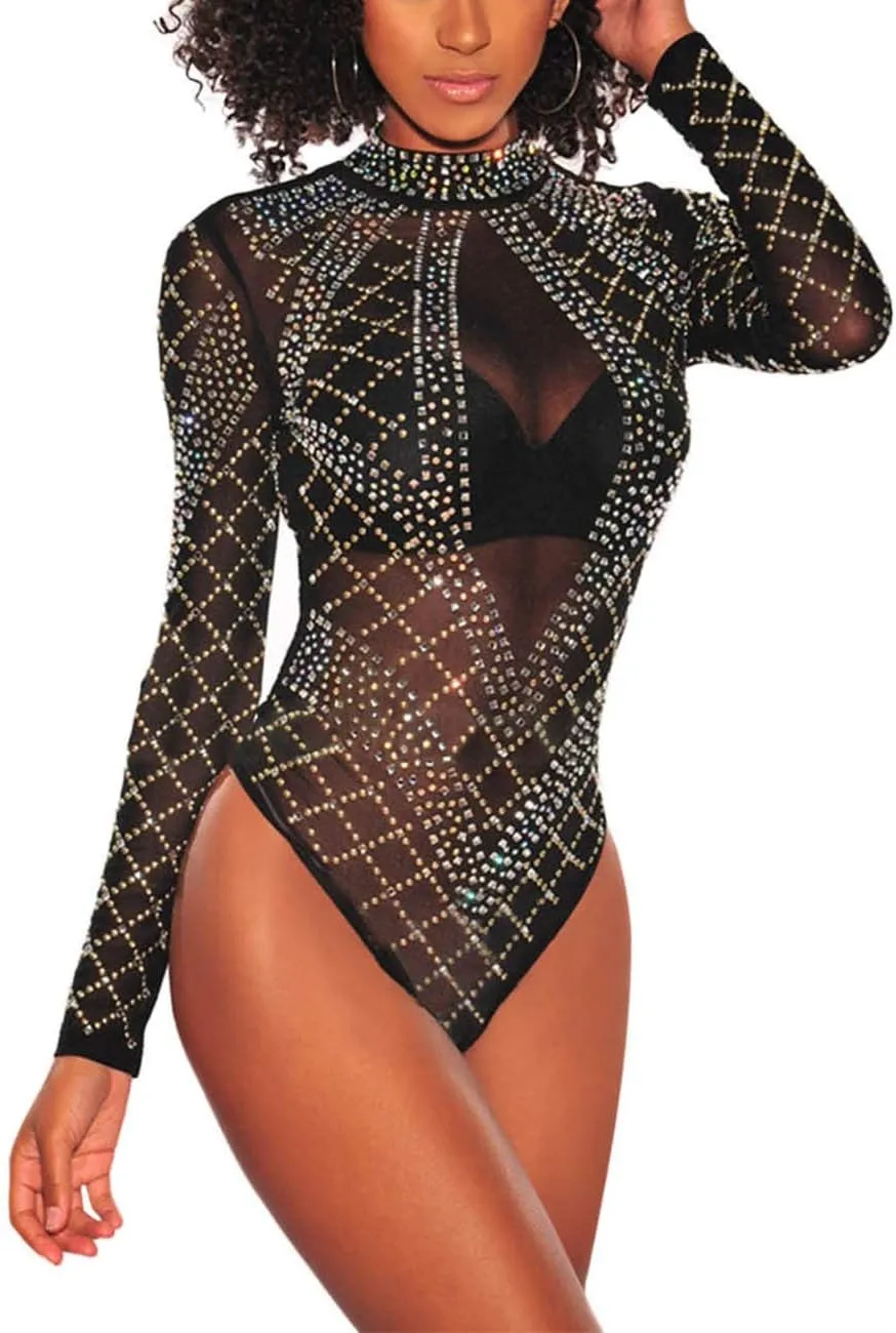 Lrady Women's Sheer Mesh Turtleneck Neck See Through Leotard Bodysuit Body Tops