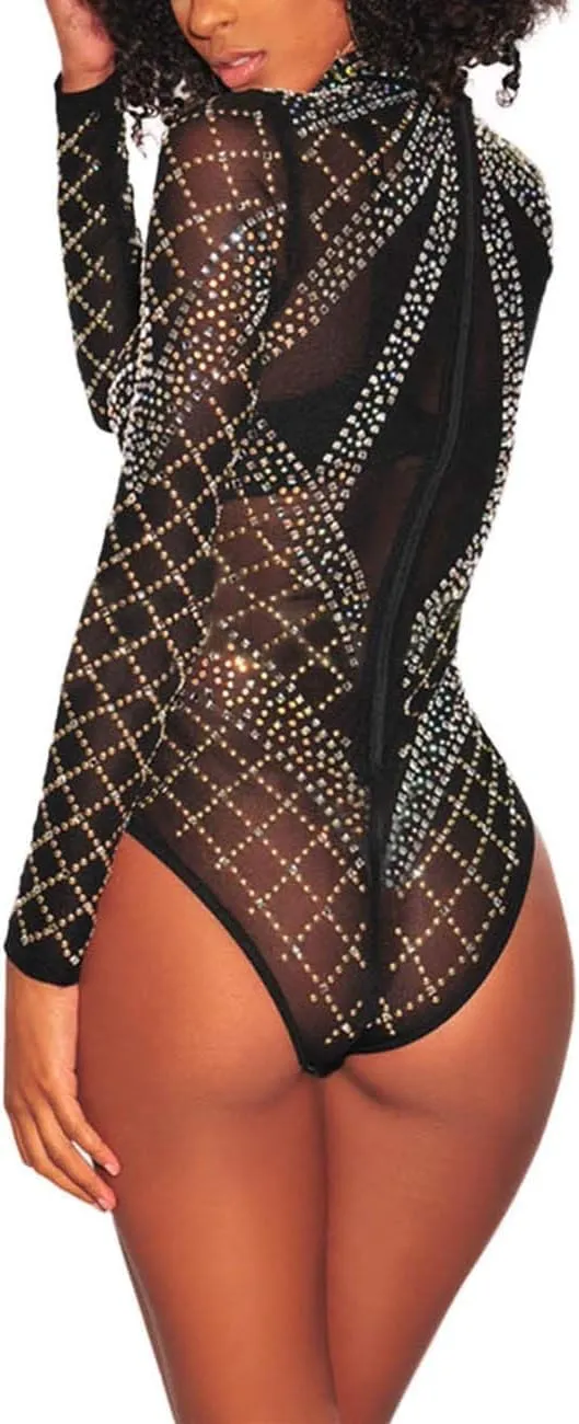 Lrady Women's Sheer Mesh Turtleneck Neck See Through Leotard Bodysuit Body Tops