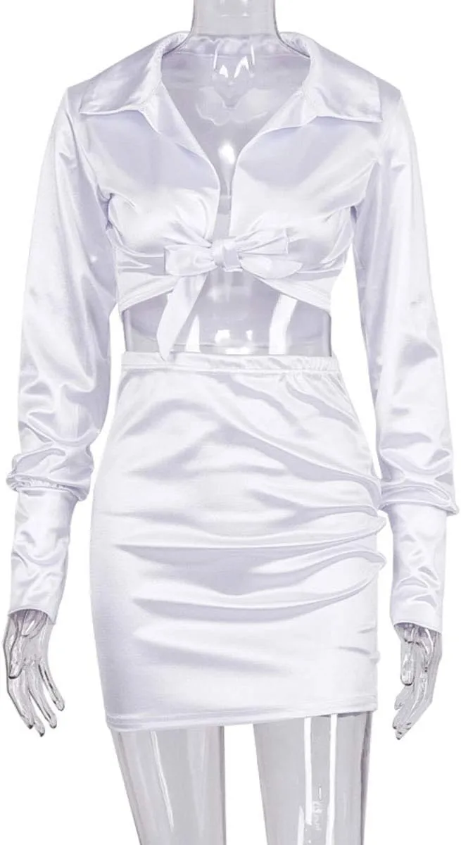 LuFeng Womens Satin Sexy Self Tie Front Long Sleeve 2 Piece Outfits Crop Top and Mini Bodycon Skirt Set