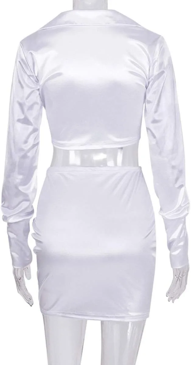 LuFeng Womens Satin Sexy Self Tie Front Long Sleeve 2 Piece Outfits Crop Top and Mini Bodycon Skirt Set