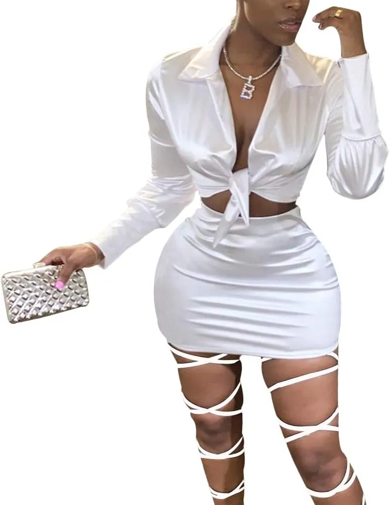 LuFeng Womens Satin Sexy Self Tie Front Long Sleeve 2 Piece Outfits Crop Top and Mini Bodycon Skirt Set