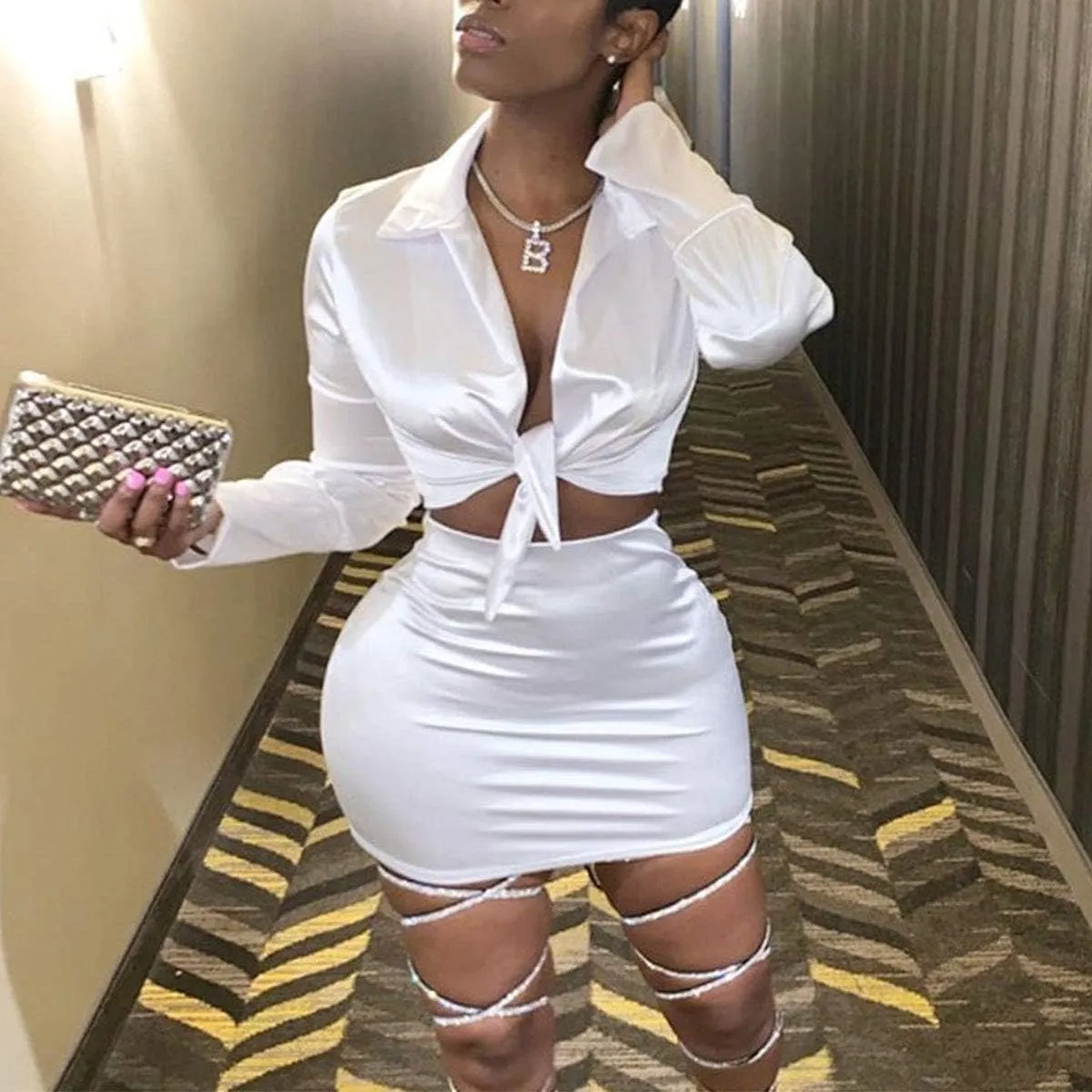 LuFeng Womens Satin Sexy Self Tie Front Long Sleeve 2 Piece Outfits Crop Top and Mini Bodycon Skirt Set