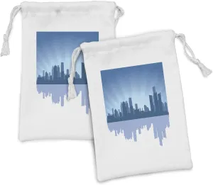 Lunarable Detroit Fabric Pouch Set of 2, Detroit Michigan Skyline Illustration with Reflection in Water Shoreline, Small Drawstring Bag for Toiletries Masks and Favors, 9" x 6", Blue Pale Blue Grey
