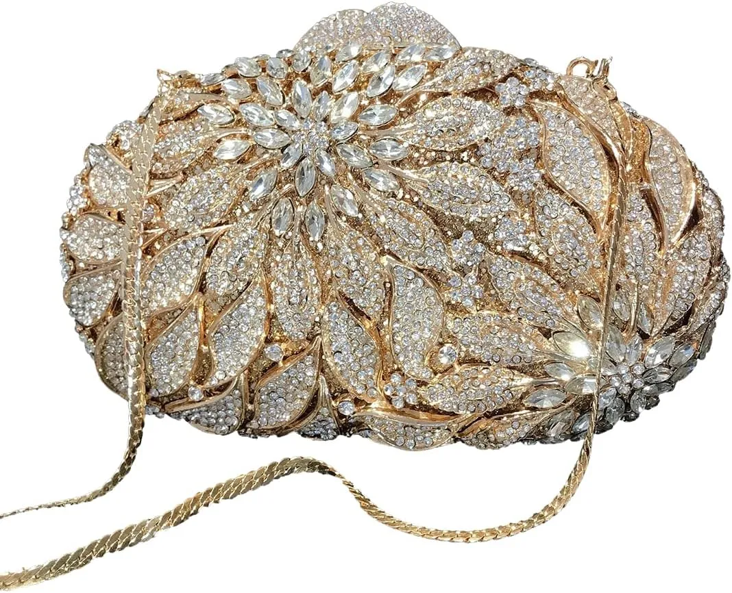 Luxury Crystal Clutch Rhinestones Evening Bag Hollow Out 3D Flower Handbag Evening Wedding Prom Bag