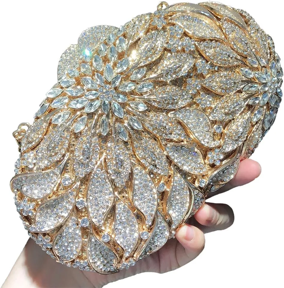 Luxury Crystal Clutch Rhinestones Evening Bag Hollow Out 3D Flower Handbag Evening Wedding Prom Bag
