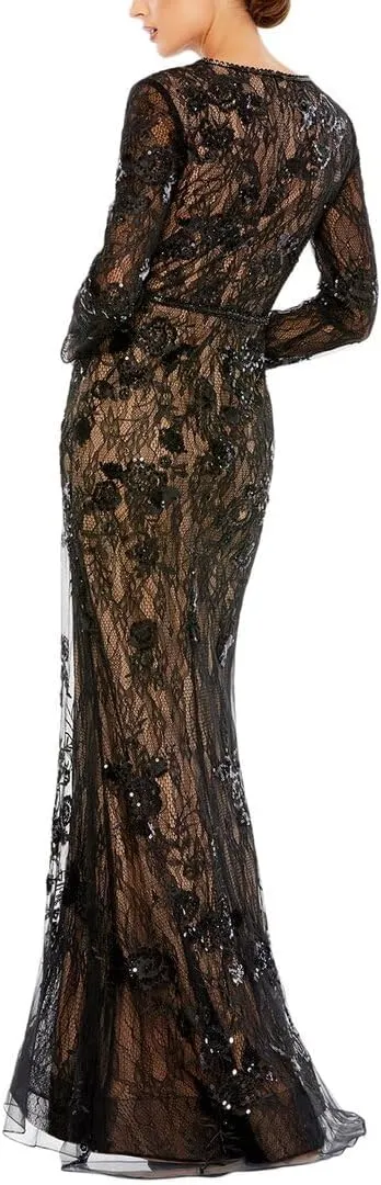 Mac Duggal Womens Lace Illusion Evening Dress