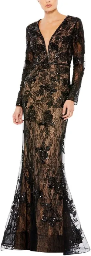 Mac Duggal Womens Lace Illusion Evening Dress
