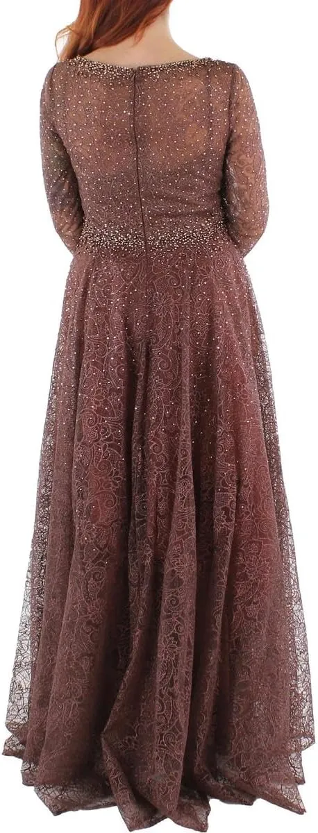 Mac Duggal Womens Lace Overlay Long Evening Dress