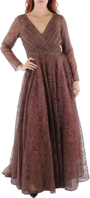 Mac Duggal Womens Lace Overlay Long Evening Dress