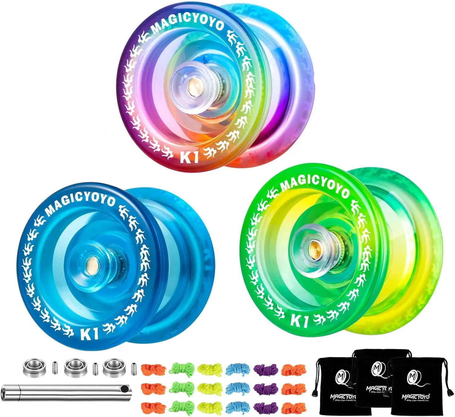 MAGICYOYO Pack of 3 Yoyos, Responsive for Kids, Dual Purpose With Unresponsive Bearing for Adults Beginner, 3 Bags, 18 Strings, Ball Accessories (Gradient Color)