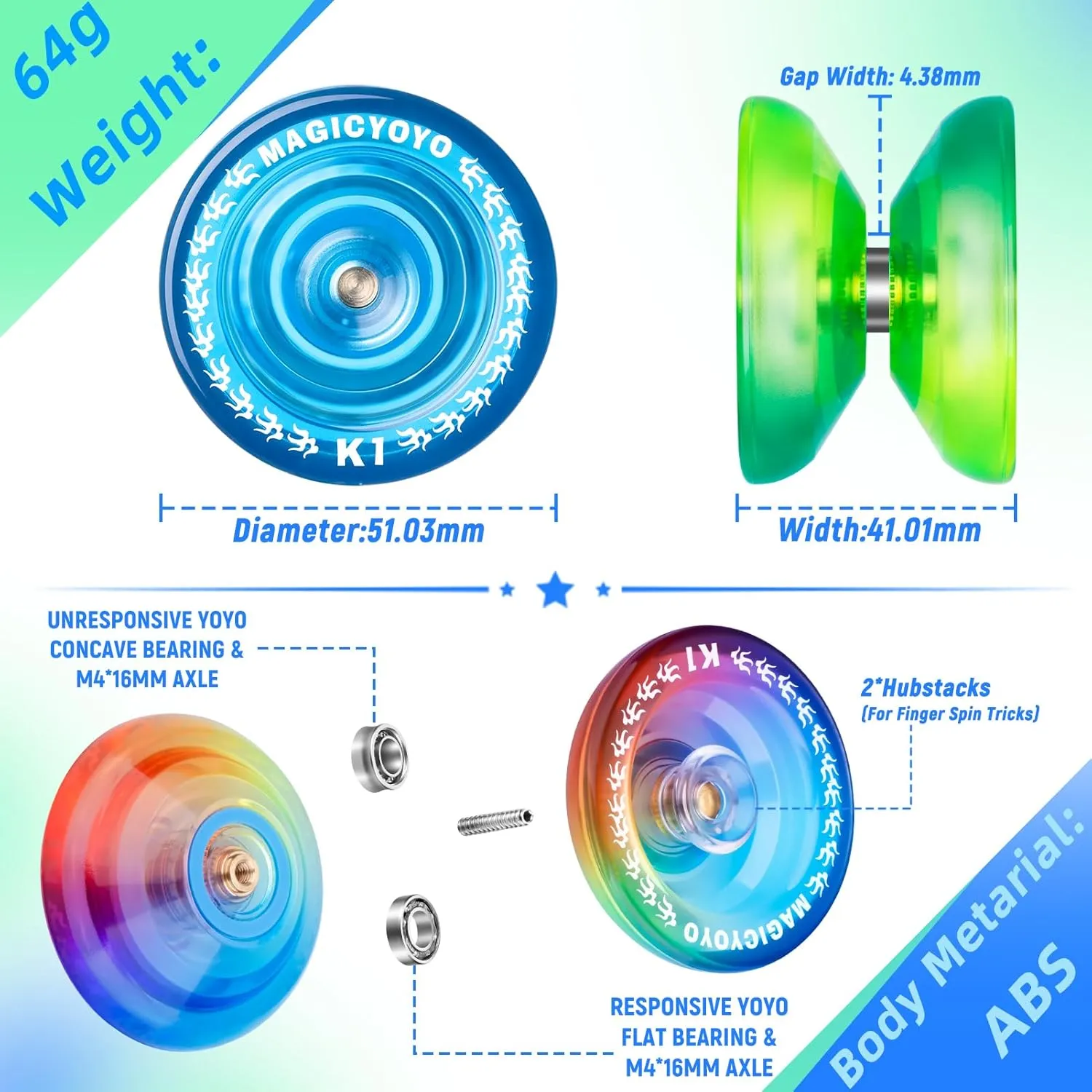 MAGICYOYO Pack of 3 Yoyos, Responsive for Kids, Dual Purpose With Unresponsive Bearing for Adults Beginner, 3 Bags, 18 Strings, Ball Accessories (Gradient Color)