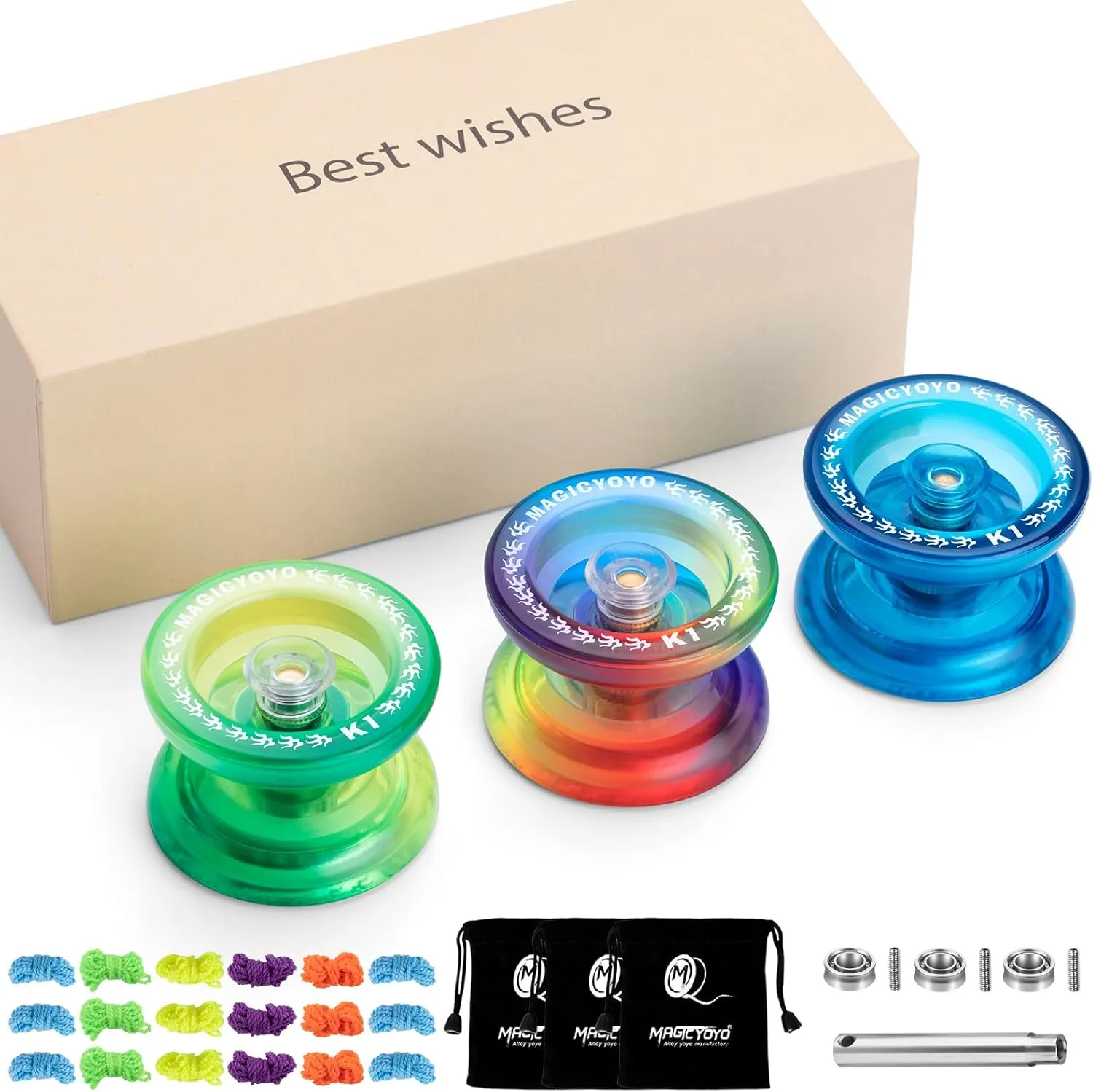 MAGICYOYO Pack of 3 Yoyos, Responsive for Kids, Dual Purpose With Unresponsive Bearing for Adults Beginner, 3 Bags, 18 Strings, Ball Accessories (Gradient Color)