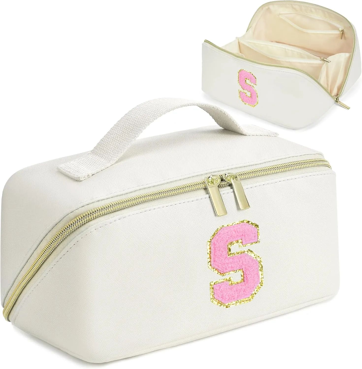 Makeup Bag for Women, PU Leather Travel Toiletry Bags, Initial Make Up Cosmetic Pouch for Teen Girls, Wide Open Portable Skincare Bag, Personalized Birthday Graduation Gifts Ideal, White S