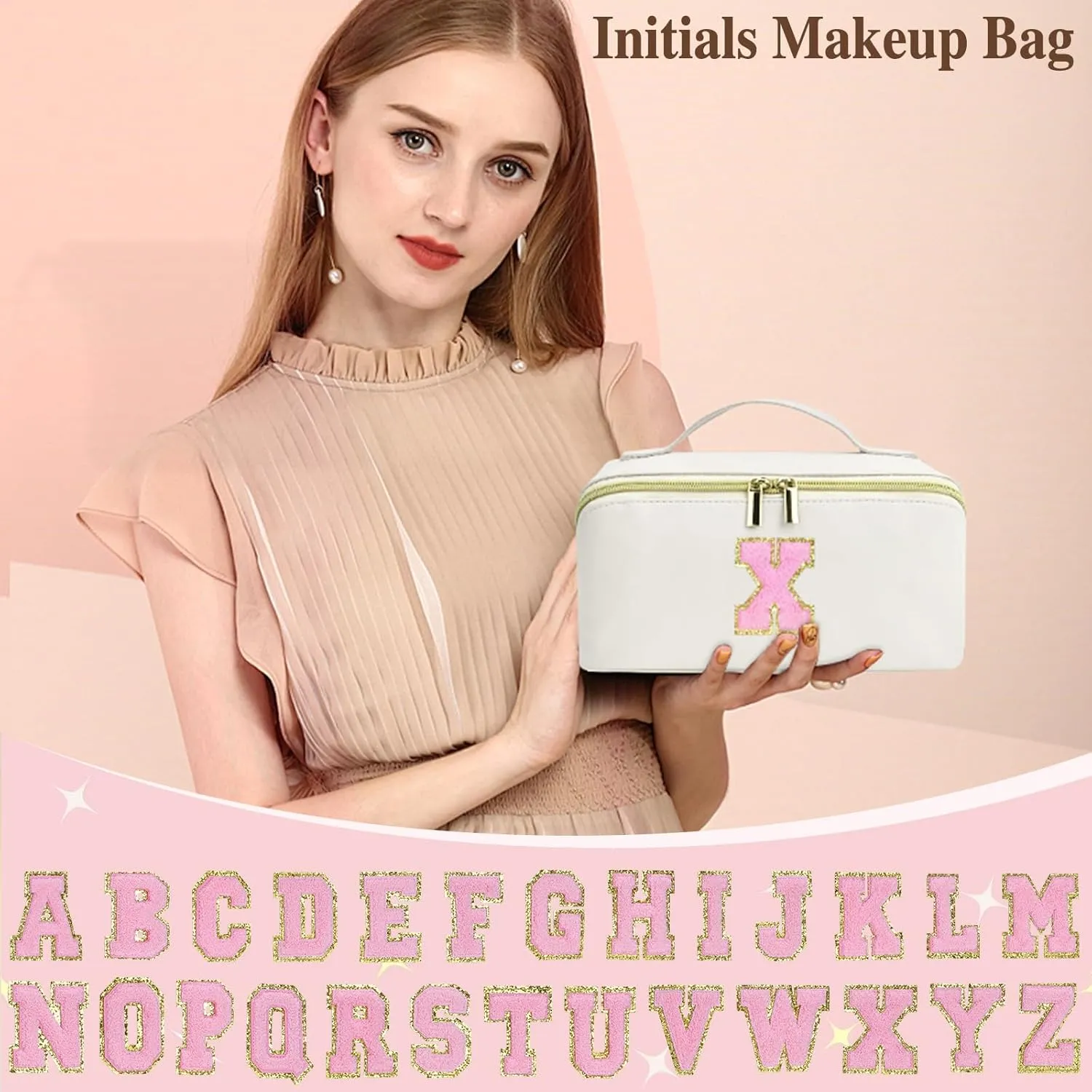 Makeup Bag for Women, PU Leather Travel Toiletry Bags, Initial Make Up Cosmetic Pouch for Teen Girls, Wide Open Portable Skincare Bag, Personalized Birthday Graduation Gifts Ideal, White S