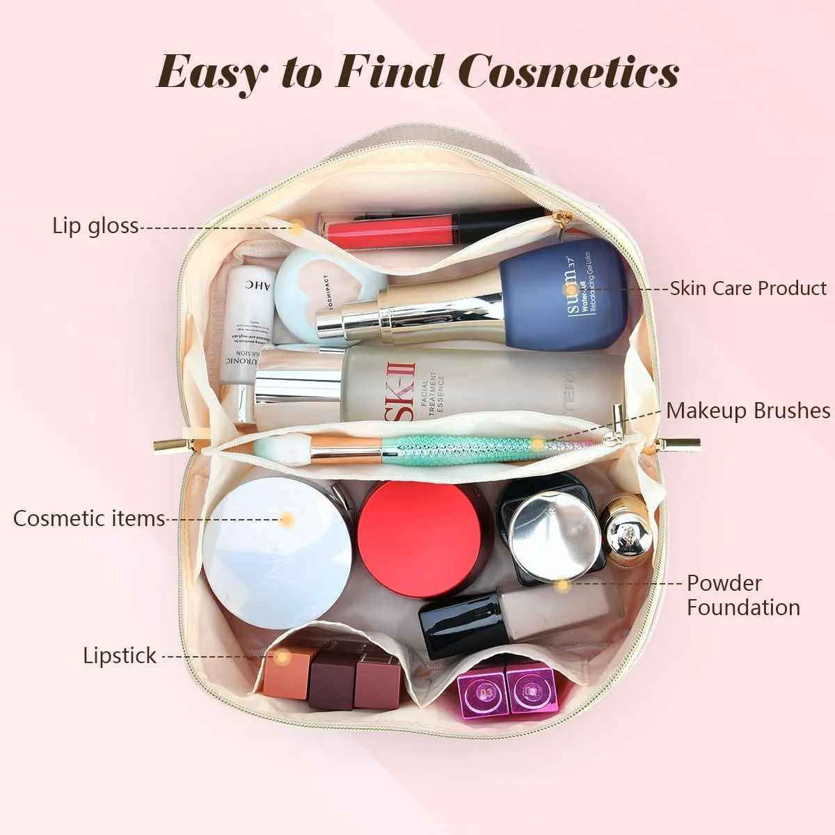 Makeup Bag for Women, PU Leather Travel Toiletry Bags, Initial Make Up Cosmetic Pouch for Teen Girls, Wide Open Portable Skincare Bag, Personalized Birthday Graduation Gifts Ideal, White S