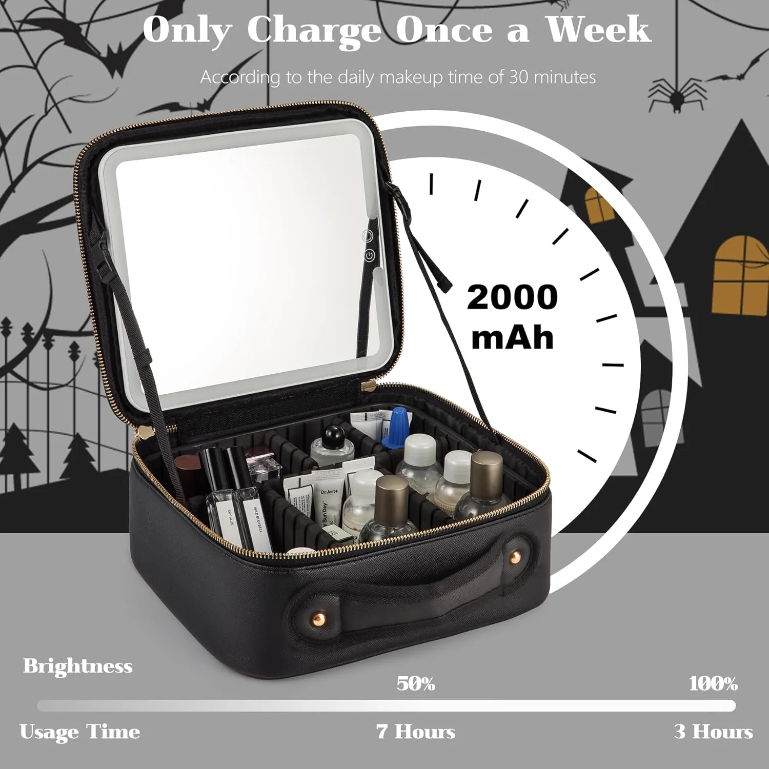 Makeup Bag with Led Mirror, Portable Travel Makeup Bag Organizer, Cosmetic Bag (Black)