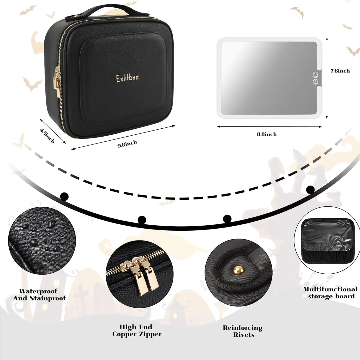 Makeup Bag with Led Mirror, Portable Travel Makeup Bag Organizer, Cosmetic Bag (Black)