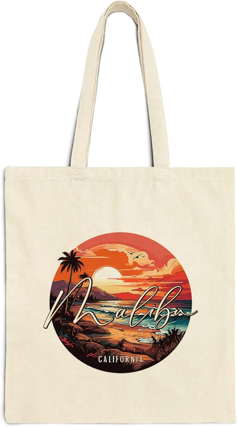 Malibu California Cotton Tote Bag for Women Men Casual Tote Bag Cloth Canvas Shopping Bags with Handles Cute Bags Everyday Use 15" x 16" Aesthetic Gift ID44997
