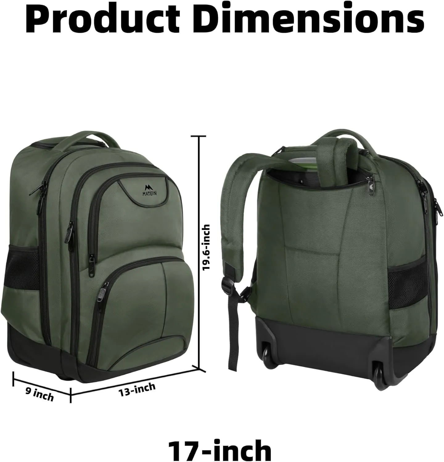 MATEIN Rolling Backpack, 17 Inch Travel Laptop Backpacks with Wheels, Water Resistant Large Roller Carry On Luggage Wheeled, Trolley Overnight Suitcase Business College Computer Bag, Green