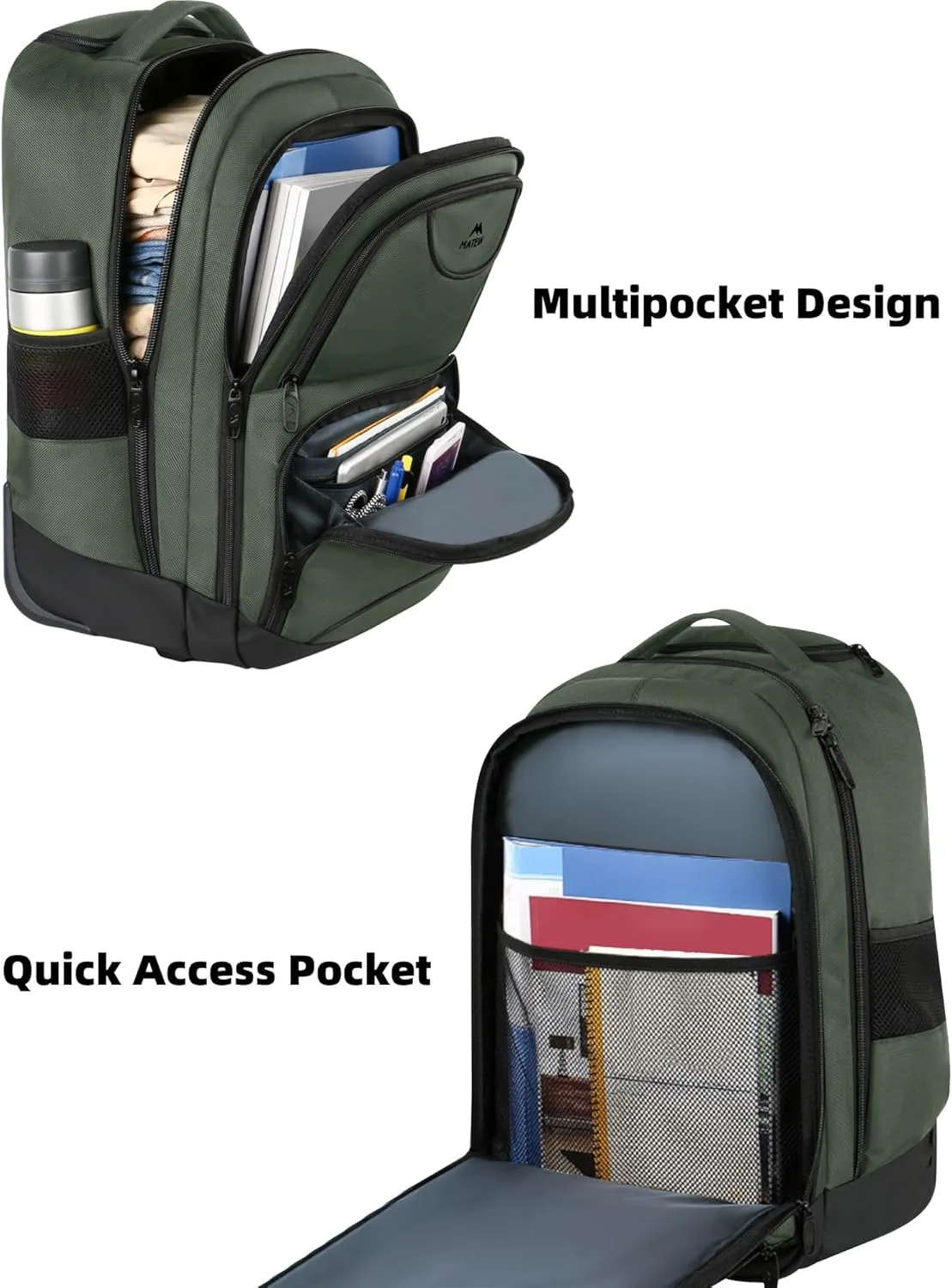 MATEIN Rolling Backpack, 17 Inch Travel Laptop Backpacks with Wheels, Water Resistant Large Roller Carry On Luggage Wheeled, Trolley Overnight Suitcase Business College Computer Bag, Green