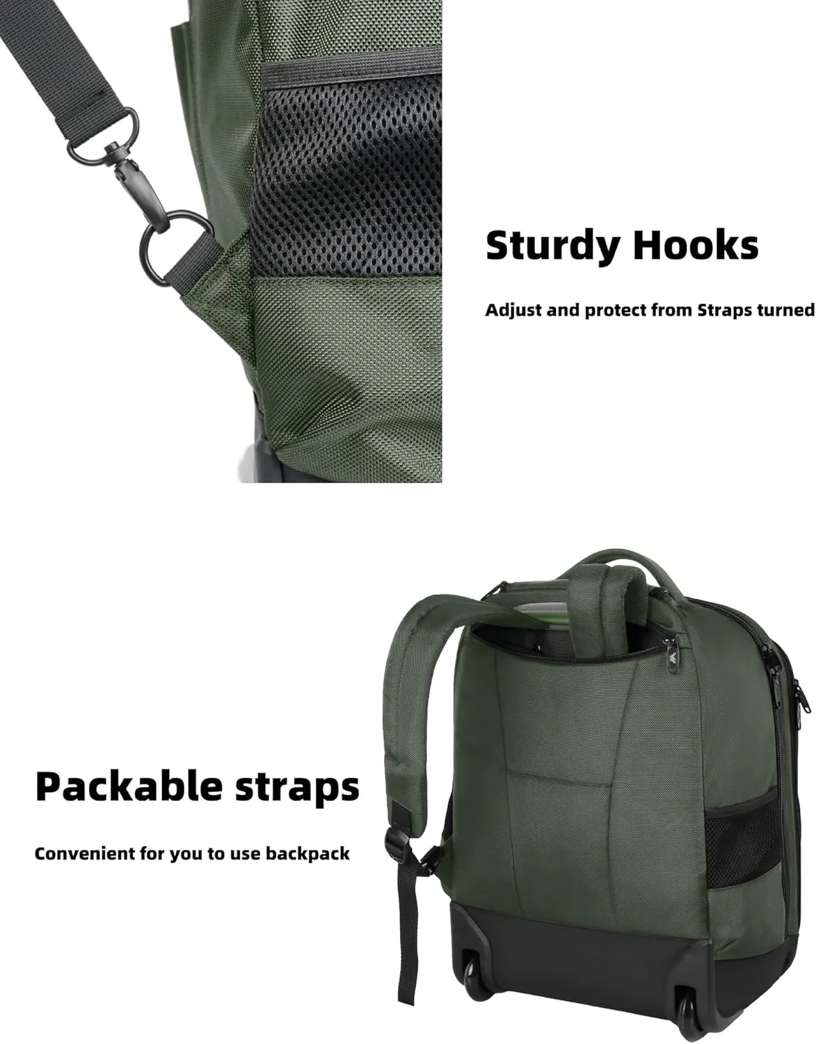 MATEIN Rolling Backpack, 17 Inch Travel Laptop Backpacks with Wheels, Water Resistant Large Roller Carry On Luggage Wheeled, Trolley Overnight Suitcase Business College Computer Bag, Green