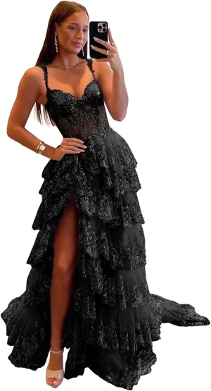 Maxianever Off The Shoulder Flower Prom Dresses Lace Tulle Long Tiered Women’s Formal Evening Ball Gowns Sparkly 2024