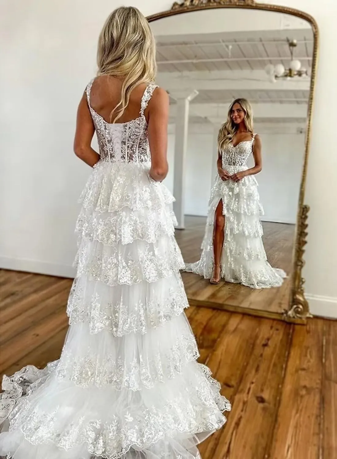 Maxianever Off The Shoulder Flower Prom Dresses Lace Tulle Long Tiered Women’s Formal Evening Ball Gowns Sparkly 2024