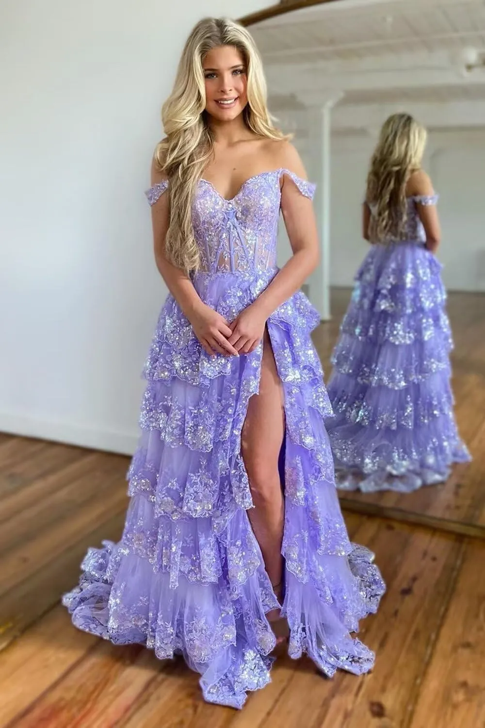 Maxianever Off The Shoulder Flower Prom Dresses Lace Tulle Long Tiered Women’s Formal Evening Ball Gowns Sparkly 2024